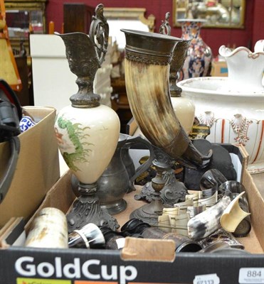 Lot 884 - Horn beakers, pair of binoculars, pair of metal mounted vases, pewter tankards, kukris etc