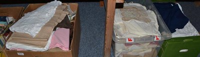 Lot 913 - Assorted linen, textiles, baby gowns, picnic basket, handbags etc (six boxes)