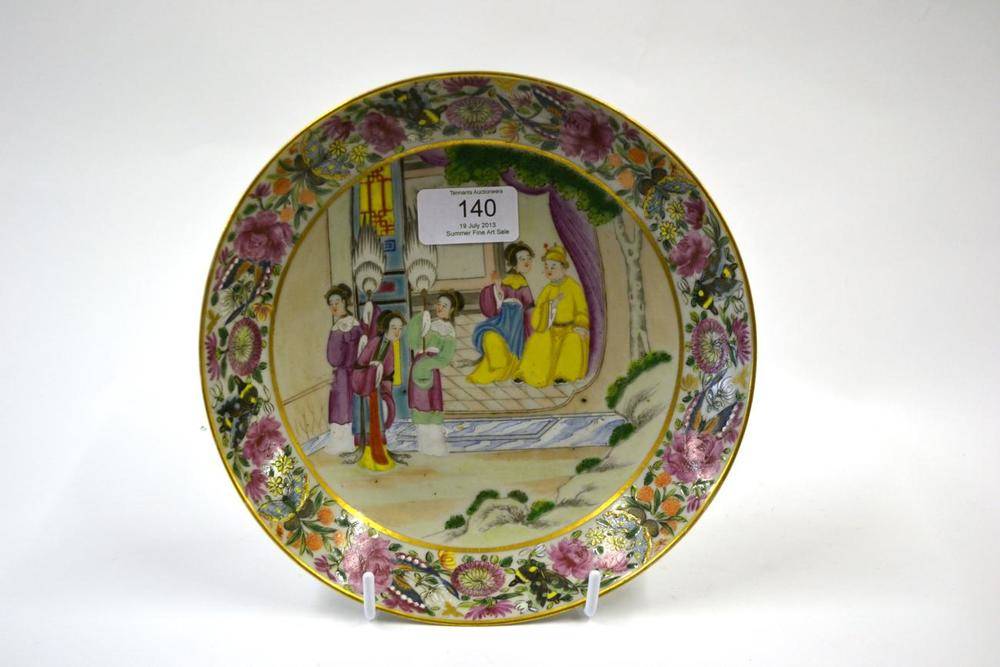 Lot 140 - A Cantonese Porcelain Saucer Dish, early 19th century, painted in famille rose enamels with figures