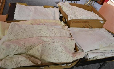 Lot 942 - A large quantity of assorted white linen, embroidered textiles, crochet bed covers etc (four boxes)