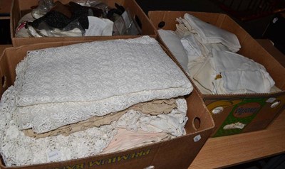 Lot 944 - Assorted white linen, table linens, embroidered textiles, gloves, accessories etc (three boxes)