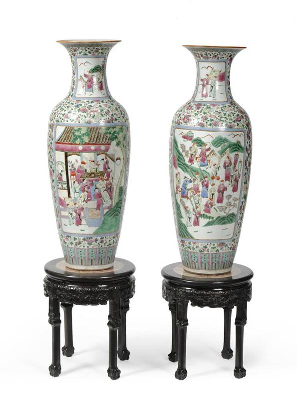 Lot 141 - A Pair of Chinese Porcelain Vases, painted in Cantonese style in famille rose enamels with...