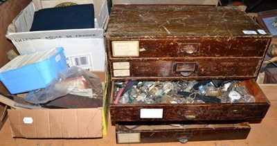 Lot 951 - Large accumulation of watch/clock maker's parts, manuals, in two chests and assorted boxes