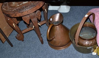 Lot 956 - Carved Indian table, copper jug, jam pan, planter, tapestry in oak frame