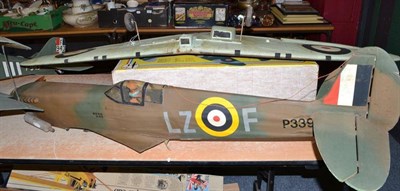 Lot 962 - Model flying aircraft of Supermarine Spitfire in camouflage colours with sky blue underside and RAF