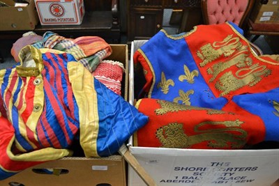 Lot 983 - Assorted fancy dress costume including a felt heraldic tunic, caps, printed flag, jester...