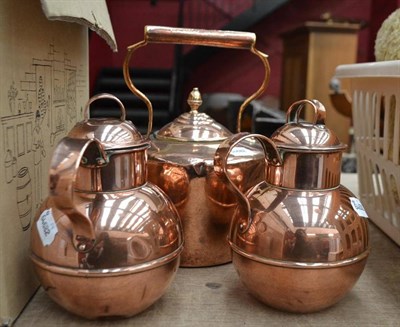 Lot 873B - A brass preserving pan, a brass ladle, scales with weights, a small Victorian copper kettle and two