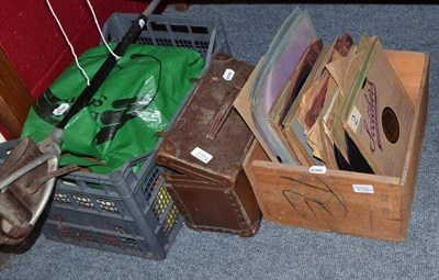 Lot 894A - Pair of cased bowls, T82pm records, shooting stick, books and magazines, carrier bag of stamps