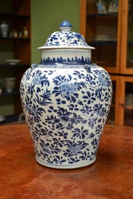 Lot 147 - A Chinese Porcelain Baluster Jar and Matched Cover, 17th century, with four mask loop handles...