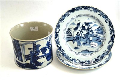 Lot 17 - Chinese brush pot and two blue and white plates in 18th century style