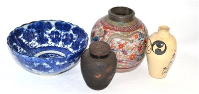 Lot 19 - An Imari ginger jar, Japanese small ginger jar and cover decorated with butterflies, a blue and...