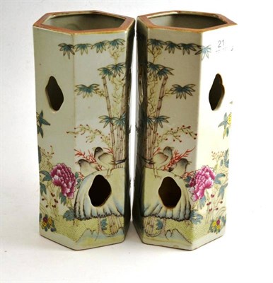 Lot 21 - Pair of pierced hexagonal tall vases in 18th century famille rose style
