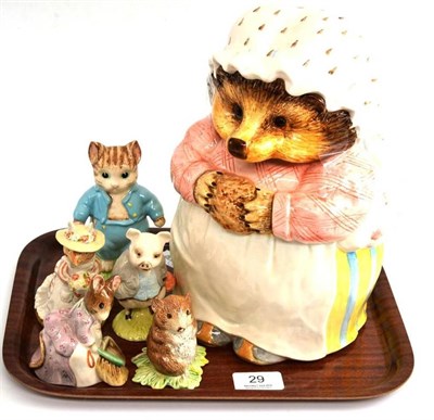 Lot 29 - Mrs Tiggywinkle pottery biscuit jar and cover, four Beatrix Potter figures and a Brambly Hedge...