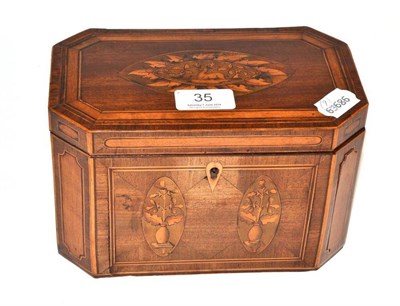 Lot 35 - A late George III mahogany and marquetry tea caddy, canted rectangular, the interior altered,...