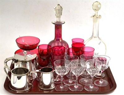 Lot 44 - Cranberry wine glass, finger bowl and sundae dish, cranberry decanter and stopper, plated tea...