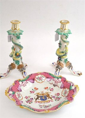 Lot 50 - Samson armorial dish and two porcelain candlesticks