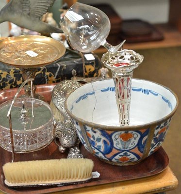 Lot 51 - 18th century tin glaze bowl (a.f.), pedestal tazza, silver mounted dressing table items, spill vase