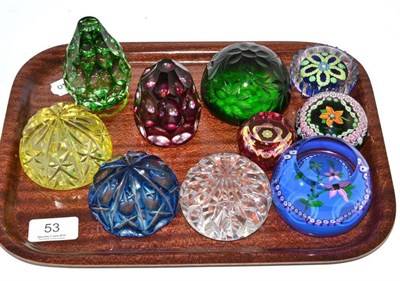 Lot 53 - Three Perthshire paperweights, Caithness, Amethyst Spray paperweights and six facetted paperweights