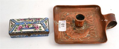 Lot 61 - French porcelain rectangular hinged box and cover and a copper chamberstick embossed with fish (2)