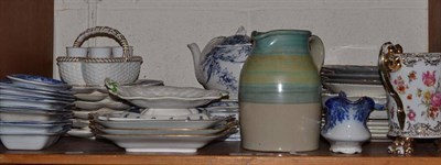 Lot 77 - Shelf of assorted blue and white pottery, Grays pottery jug, egg stand and decorative ceramics etc