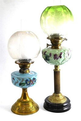 Lot 96 - Brass oil lamp with green glass well and shade, another similar with turquoise glass well (2)