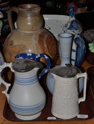 Lot 100 - Large stoneware jug impressed Guerin Belgium, tin glaze blue and white vase and cover,...