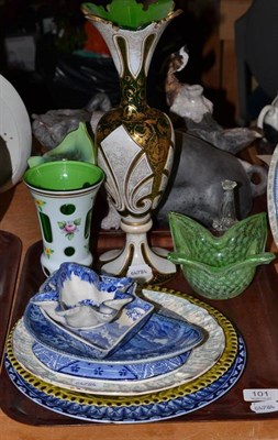 Lot 101 - White overlay green glass vase, tall baluster glass vase with gilt decoration, coloured...