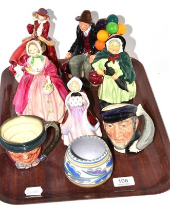 Lot 108 - Four Royal Doulton figures, Paragon figure, two Royal Doulton Toby jugs and a small Poole vase