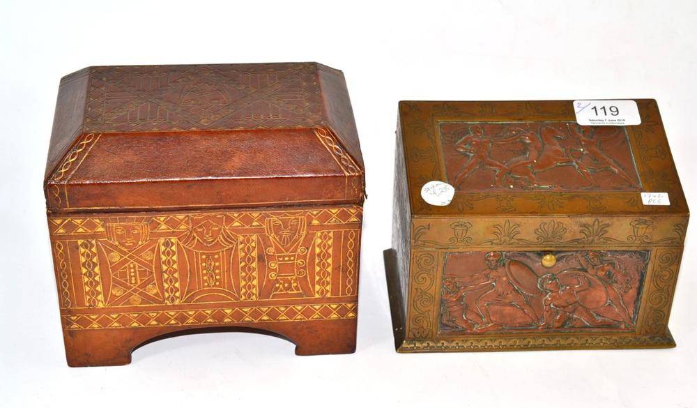 Lot 119 - Copper and brass small hinged box with pink silk lining to the interior and a brown leather mounted