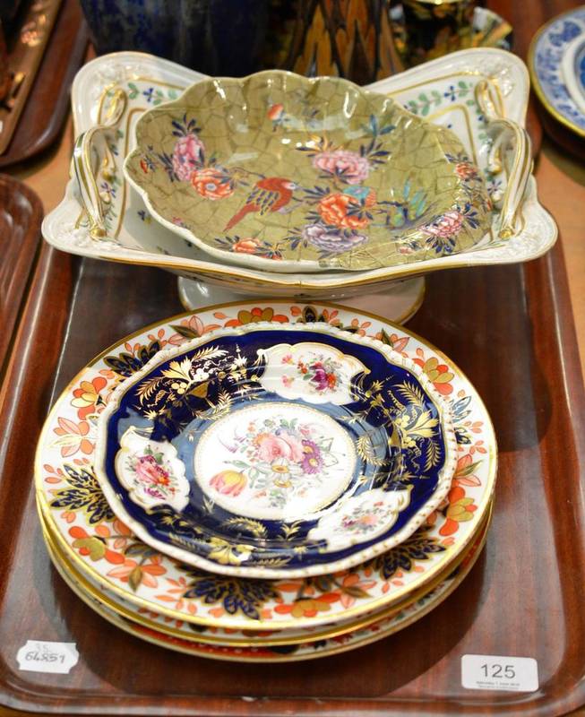 Lot 125 - Derby pedestal dish with floral decoration, a Spode shaped dish decorated with a bird and...