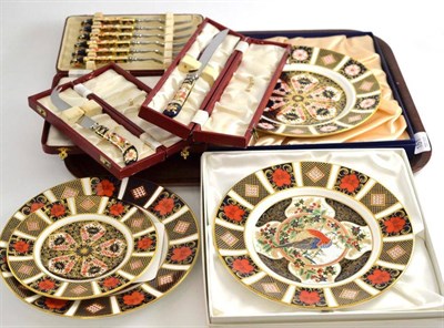 Lot 151 - Three Royal Crown Derby Imari pattern plates, saucer and four cased sets of Royal Crown Derby Imari