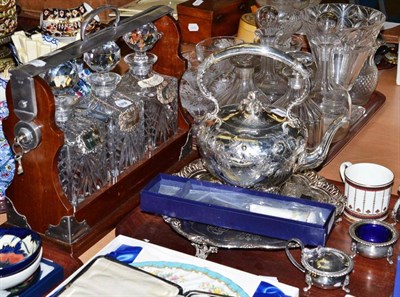Lot 158 - Modern three bottle tantalus with plated mounts and silver spirit labels, plated tray and...
