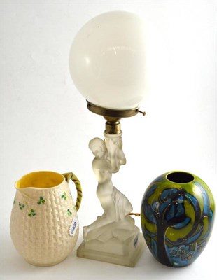 Lot 166 - Art Deco glass lamp, Belleek jug and an Anita Harris vase