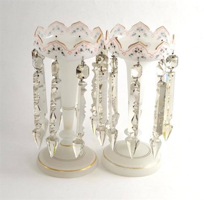 Lot 172 - A pair of Victorian opaque white glass lustres with cut glass drops