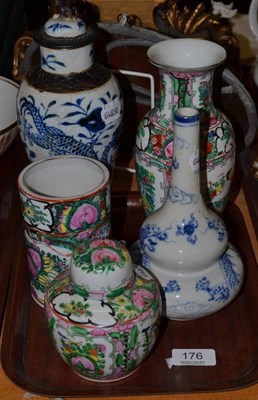 Lot 176 - Chinese blue and white vase, a similar Korean vase and three Cantonese pieces (5)