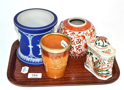 Lot 184 - Chinese jar and tea caddy, Wedgwood jasper tobacco jar and stoneware beaker (4)