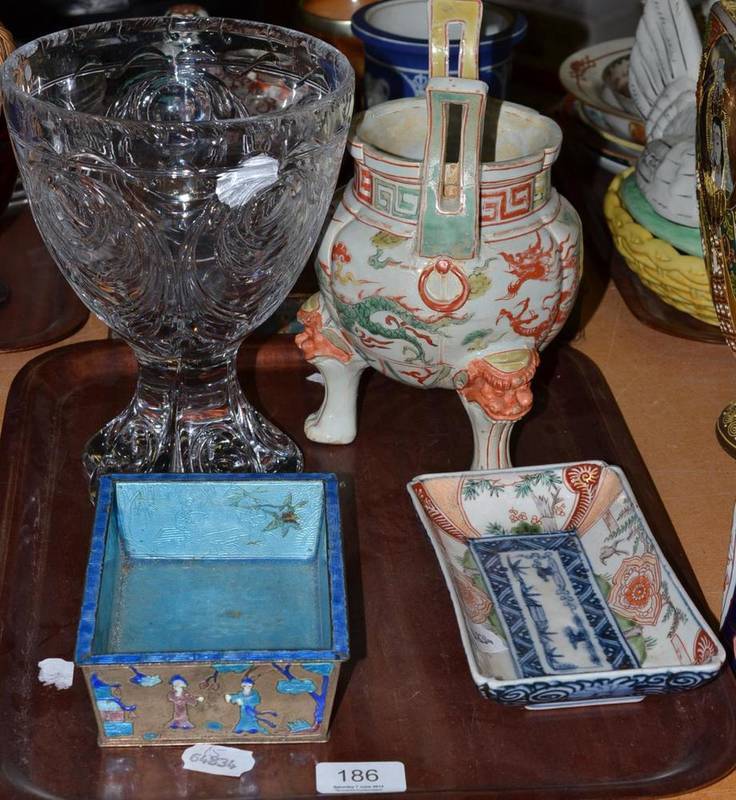 Lot 186 - Chinese koro, Chinese enamel tray, Imari dish and large glass pedestal vase