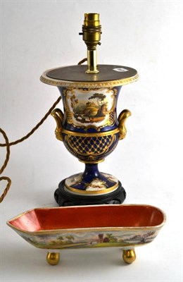 Lot 187 - Early 19th century porcelain pen tray on ball feet, a Regency porcelain urn as a lamp with...