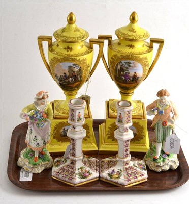 Lot 188 - Pair of Vienna type yellow ground vases with covers, a pair of Dresden china figures and a pair...