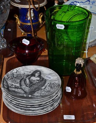 Lot 190 - Set of eight Fornasetti shell plates, Venetian glass figural bell, ruby bowl and green vase