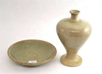 Lot 197 - Celadon dish and an Oriental crackle glaze vase (foot damaged)
