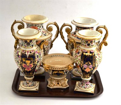 Lot 198 - Two pairs of Derby 19th century vases and a Derby pastille burner