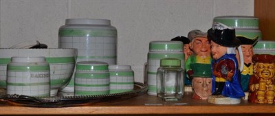 Lot 203 - Cottage Green' pottery storage jars (some named and with covers), two-handled plated trays,...