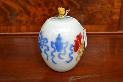 Lot 167 - A Peking Three Colour Overlay White Glass Vase and Cover, 18th/19th century, of ovoid form with...