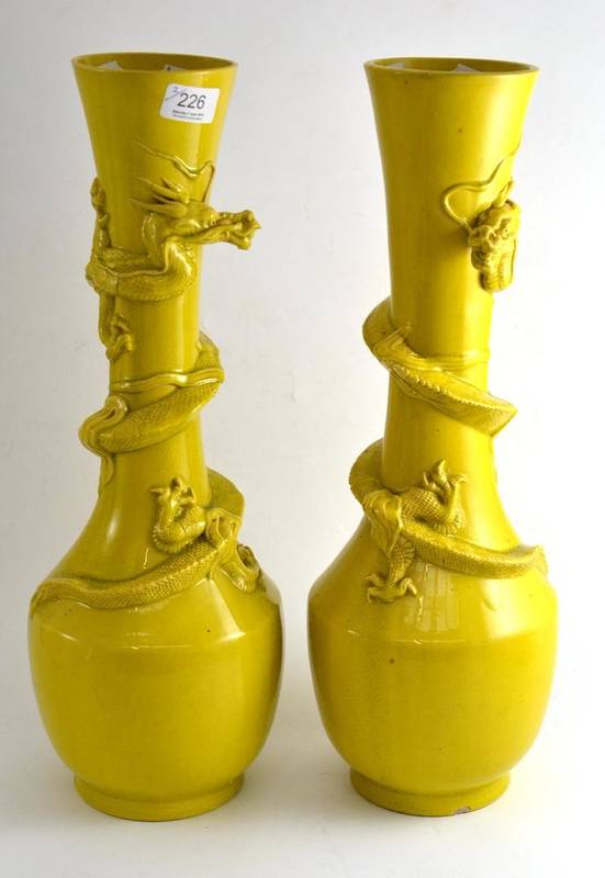 Lot 226 - Pair of yellow dragon vases (one with old crack)