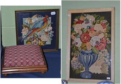 Lot 231 - Large woolwork picture of a vase of flowers, a smaller example of a parrot and a small...