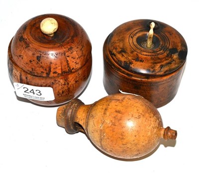 Lot 243 - Miniature sycamore roulette box, melon shaped caddy and a treen whistle