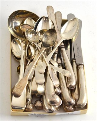 Lot 263 - Silver cutlery comprising George IV sauce ladle, six salt spoons, seven Victorian teaspoons,...