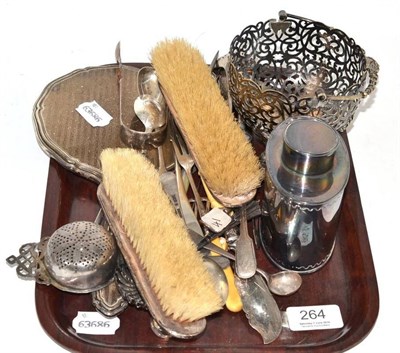 Lot 264 - Three piece silver brush set, plated caddy, pierced bowl, various silver flatware etc