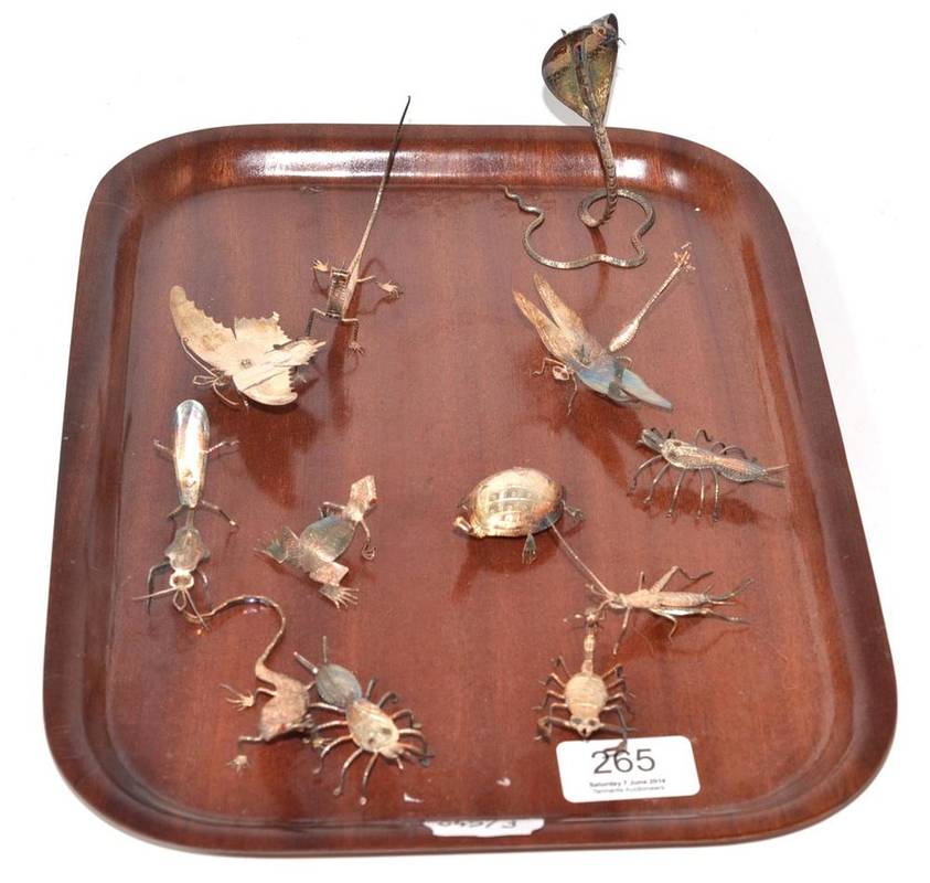 Lot 265 - A collection of twelve Indian white metal model animals including a preying mantis, scorpion,...